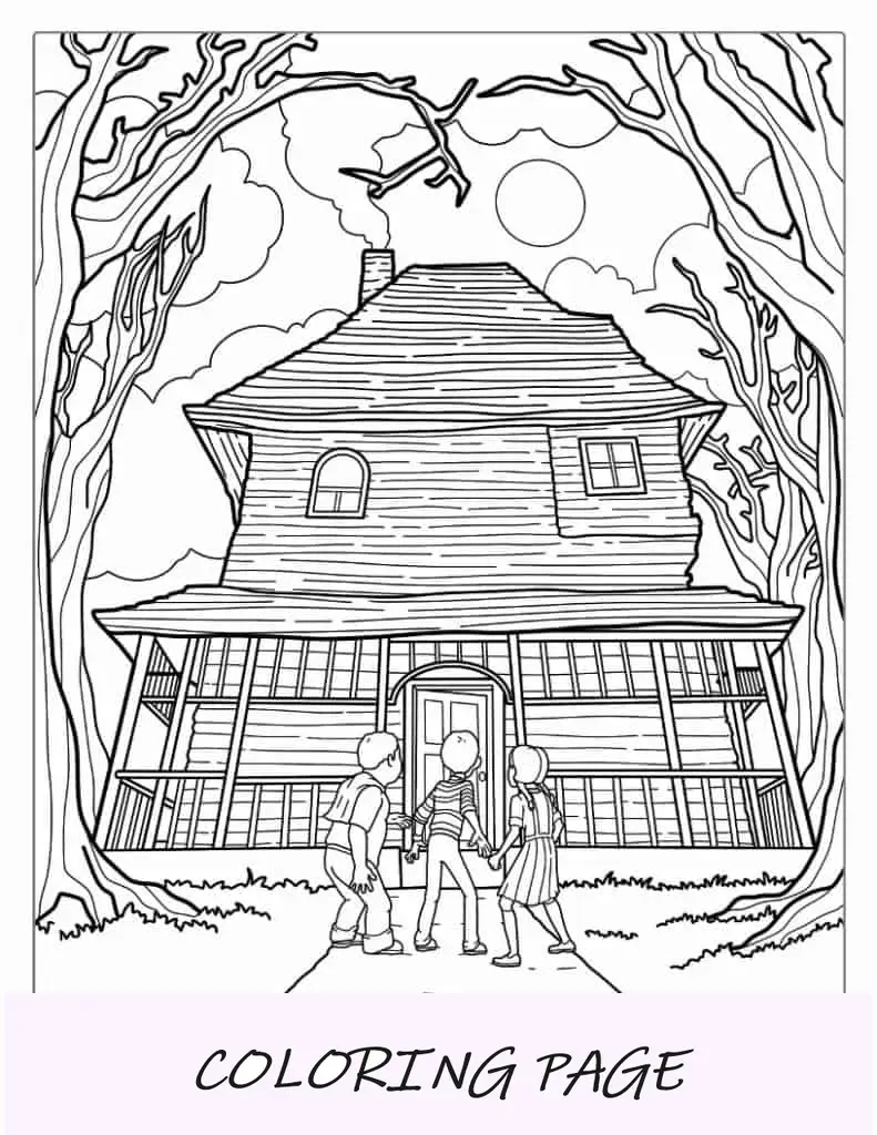 Página para colorir de Halloween de três crianças em frente a uma casa assombrada realista