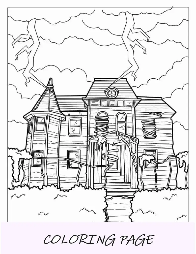 Página para colorir de Halloween da grande casa assombrada