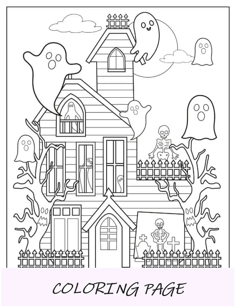 Página para colorir de Halloween de fantasmas Chibi flutuando para fora da casa mal-assombrada