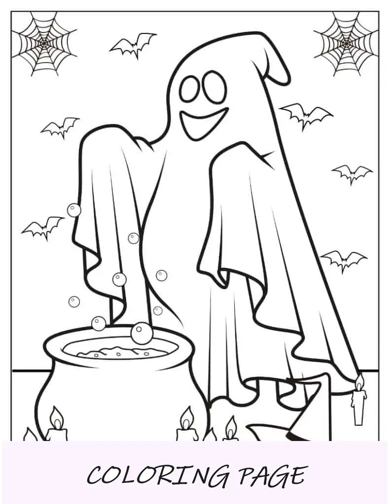 Página para colorir de Halloween do fantasma na frente do caldeirão da bruxa