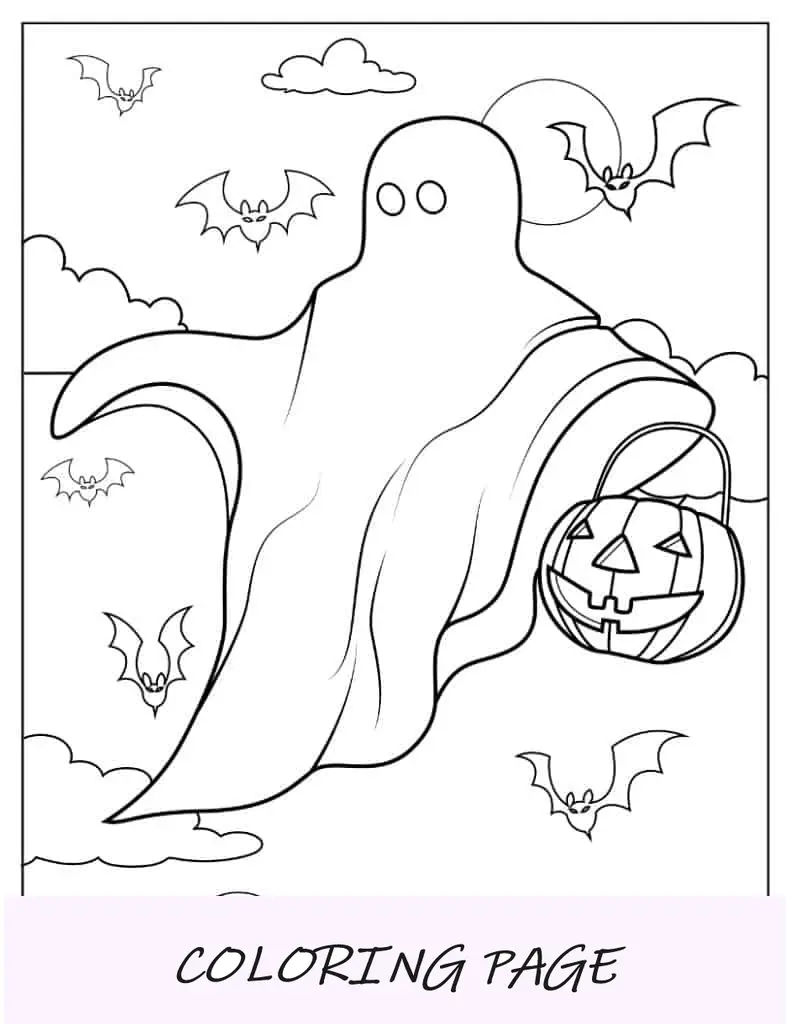 Página para colorir de Halloween de fantasma com balde de doces ou travessuras