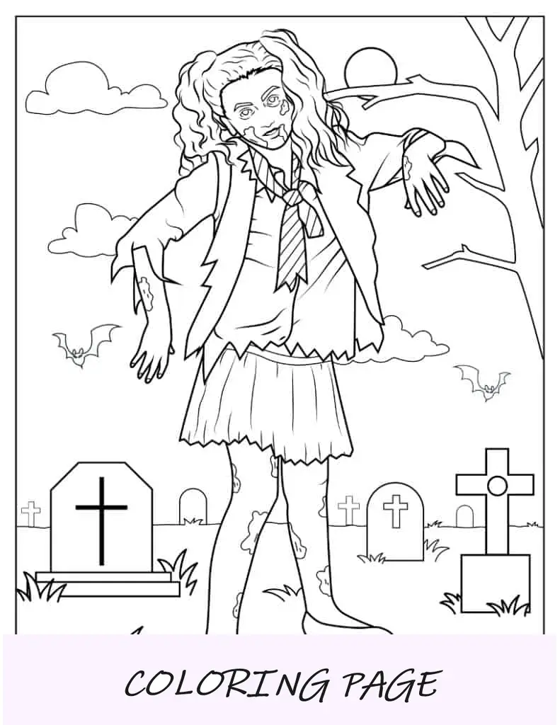 Página para colorir de Halloween de garota zumbi no cemitério