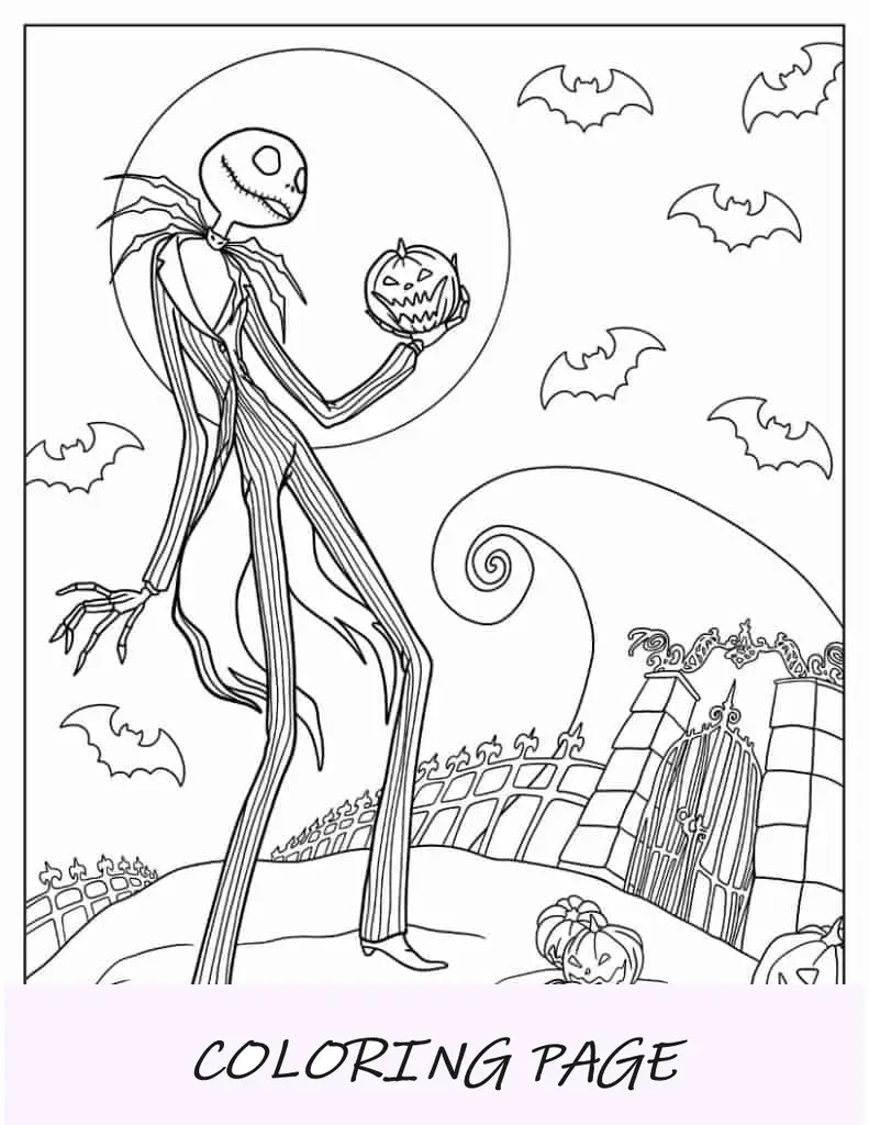 Página para colorir de Halloween de Jack Skellington segurando uma caveira