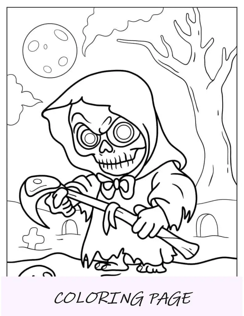 Página para colorir de Halloween de Chibi Grim Reaper