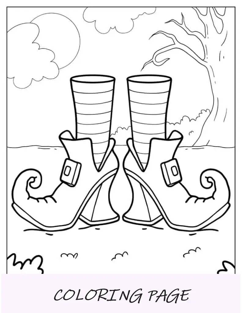 Página para colorir de Halloween com botas de bruxa