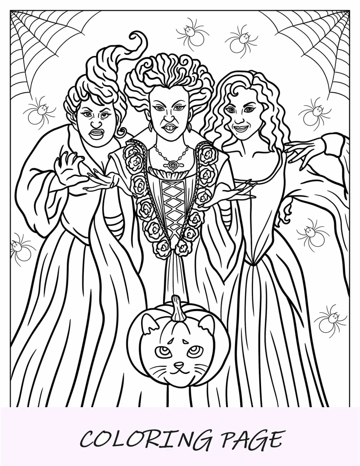 Página para colorir de Halloween de Hocus Pocus Sarah, Mary e Winifred Sanderson