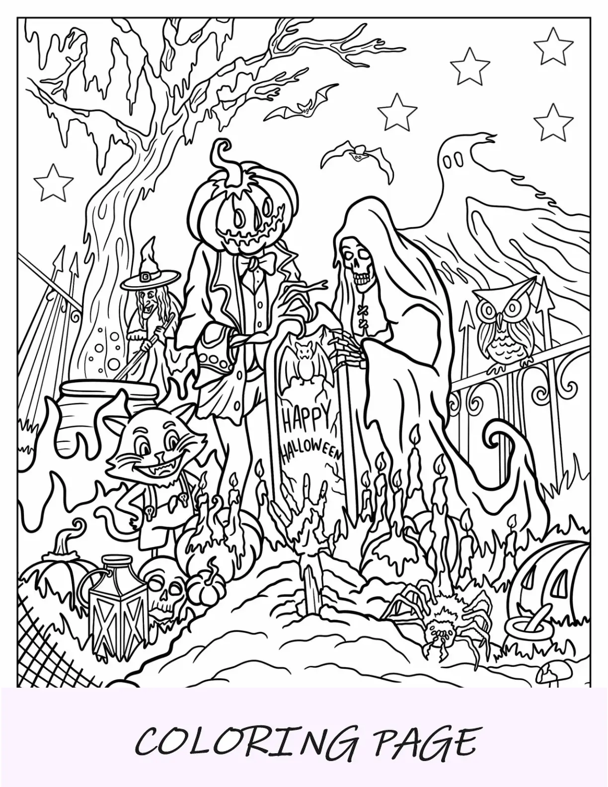 Página para colorir de Halloween de Grim Reaper, espantalho, bruxa, gato e zumbi no cemitério