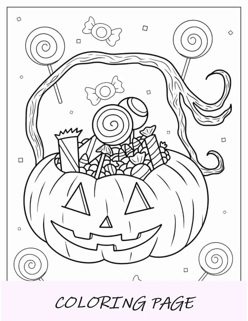 Página para colorir de Halloween de Jack-O-Lantern cheio de doces