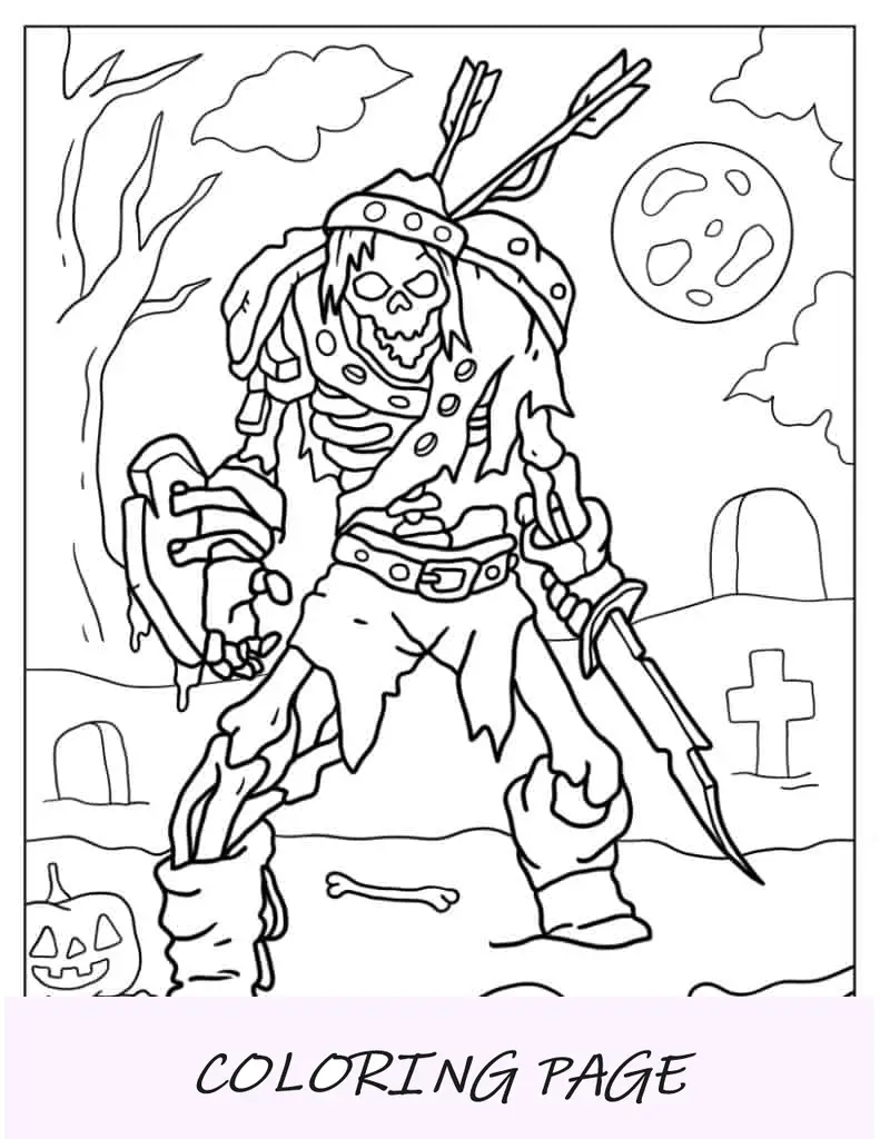 Página para colorir de Halloween do esqueleto subindo do túmulo