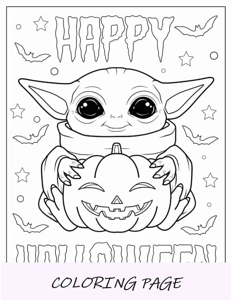 Página para colorir de Halloween do bebê Yoda segurando uma lanterna