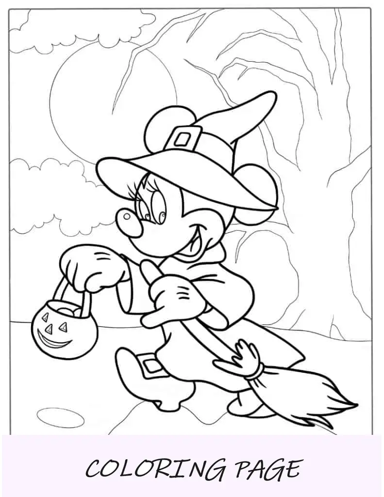 Página para colorir de Halloween da bruxa Minnie Mouse
