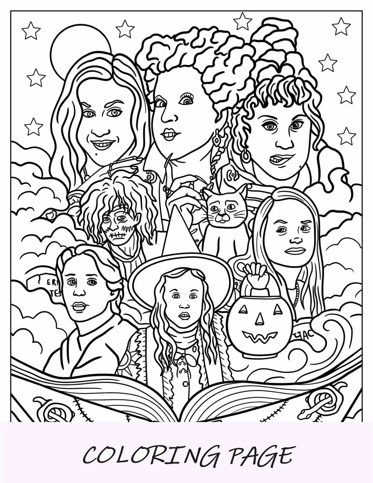 Página para colorir de Halloween de Hocus Pocus Sarah, Winifred, Mary, Dani, Allison e Jenny