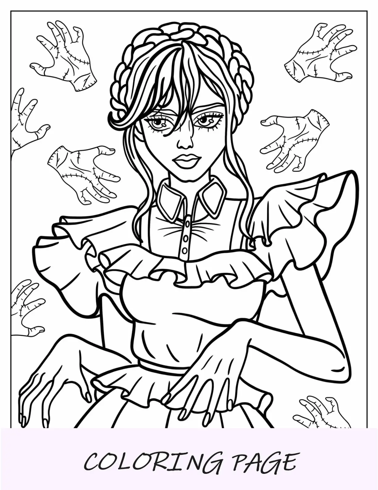 Página para colorir de Halloween de quarta-feira Addams no Rave N Dance