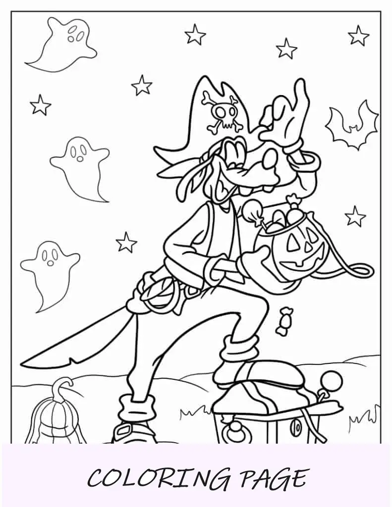Página para colorir de Halloween com doces ou travessuras piratas patetas