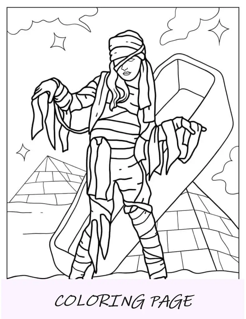 Página para colorir de Halloween da múmia saindo da tumba