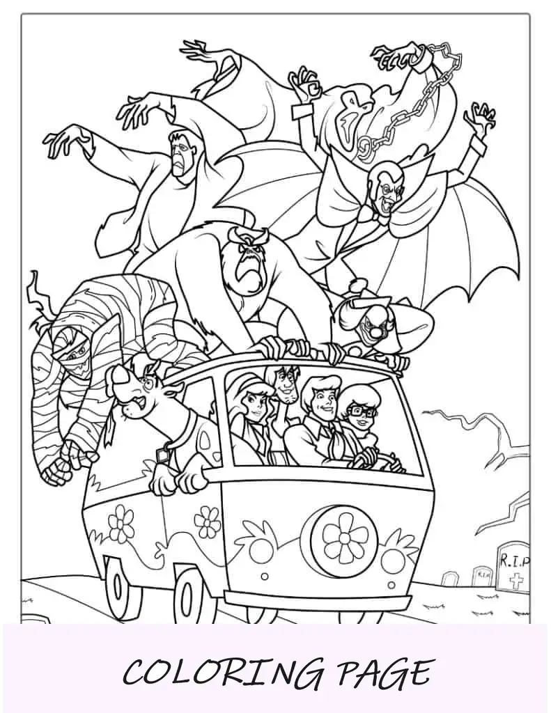 Página para colorir de Halloween de fantasmas perseguindo Scooby-Doo