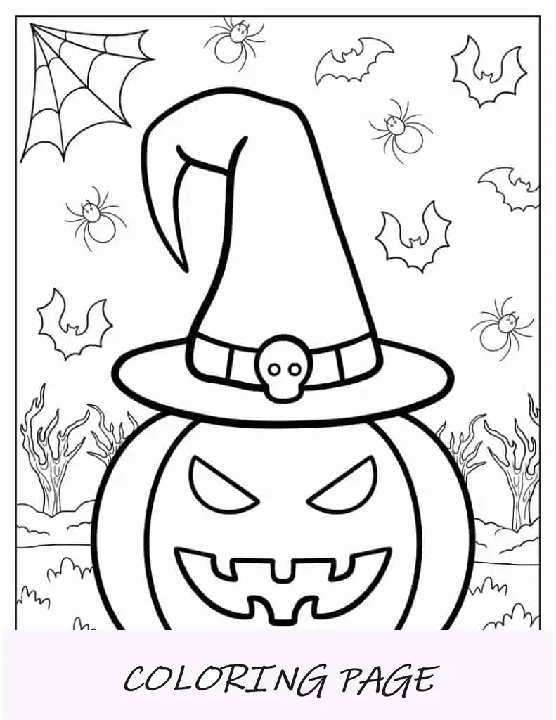 Página para colorir de Halloween de Jack-O-Lantern usando chapéu de bruxa