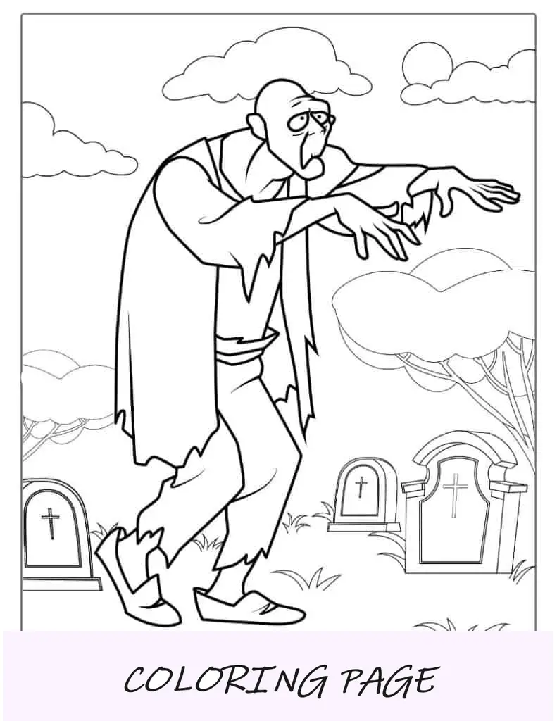 Página para colorir de Halloween de mortos-vivos no cemitério