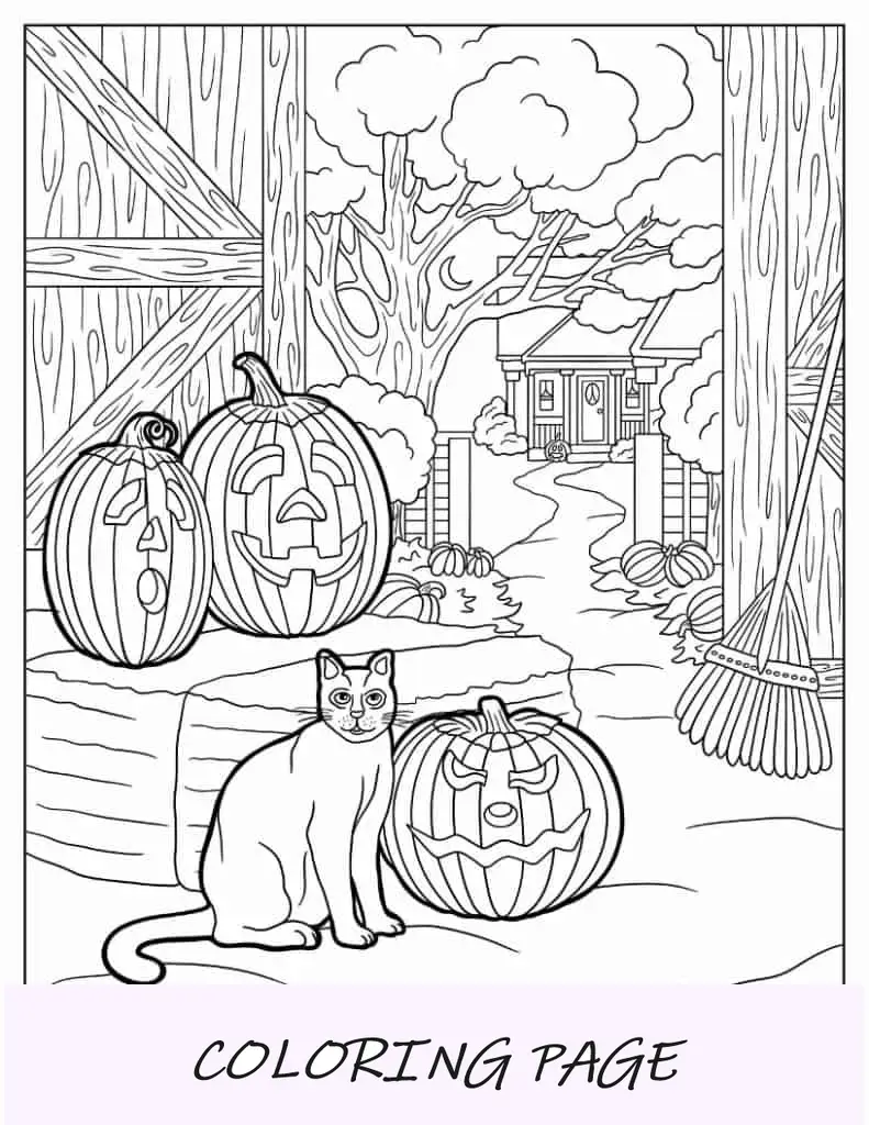 Página para colorir de Halloween de gato e lanternas