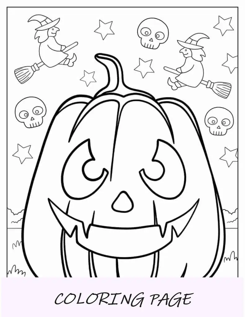 Página para colorir de Halloween de Jack-O-Lantern assustador com bruxas e caveiras