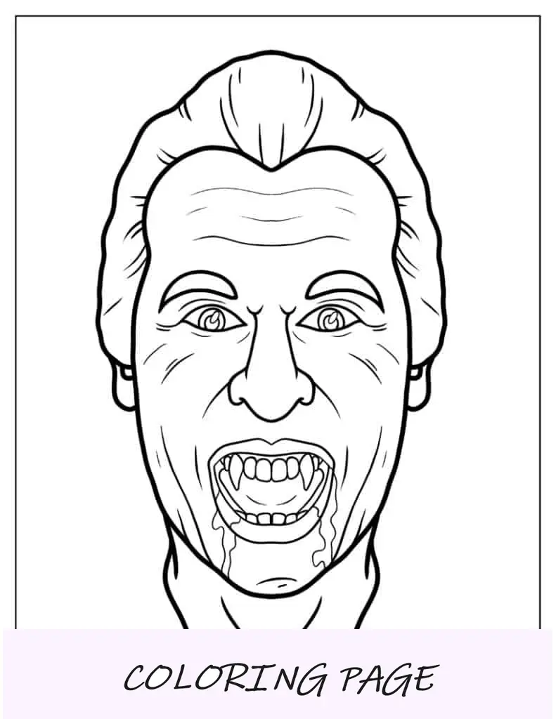 Página para colorir de Halloween com contorno realista do rosto do Drácula