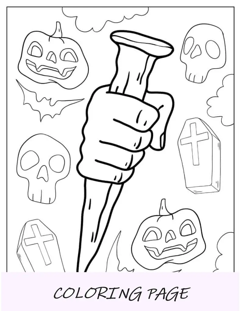 Página para colorir de Halloween com uma mão segurando uma estaca de madeira
