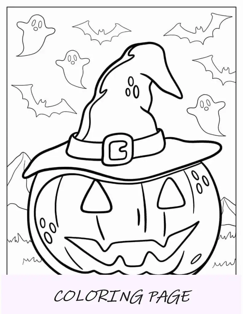 Página para colorir de Halloween de Jack-O-Lantern com chapéu de bruxa