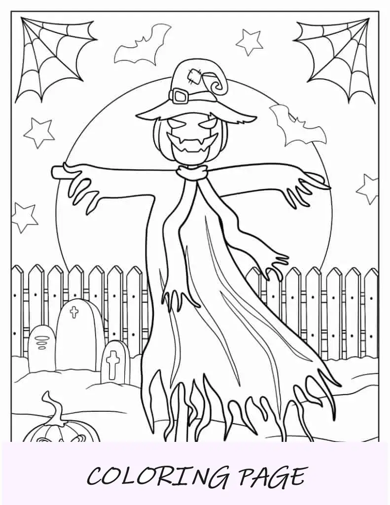Página para colorir de Halloween de espantalho fantasiado de bruxa