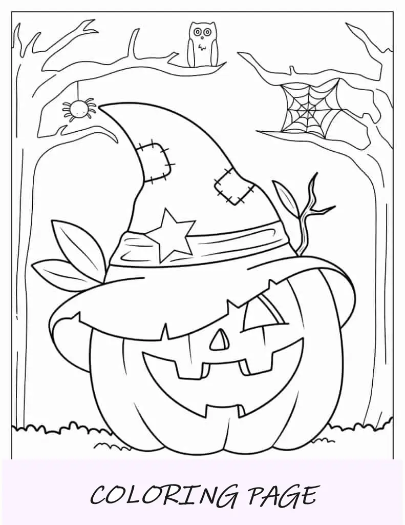 Página para colorir de Halloween de uma linda Jack-O-Lantern com chapéu