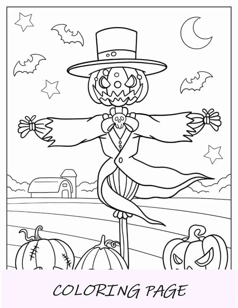 Página para colorir de Halloween de espantalho com cabeça de Jack-O-Lantern