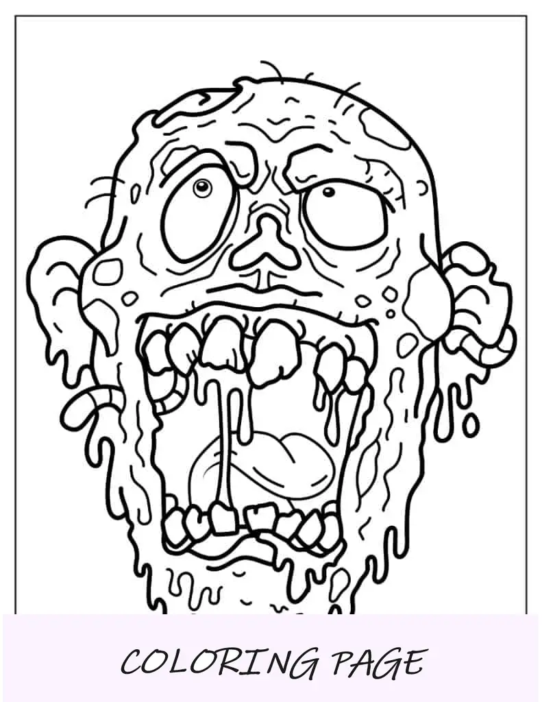 Página para colorir de Halloween com rosto de zumbi apodrecido
