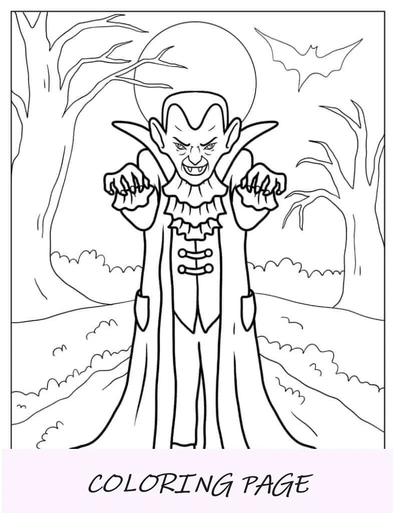 Página para colorir de Halloween do Drácula à noite