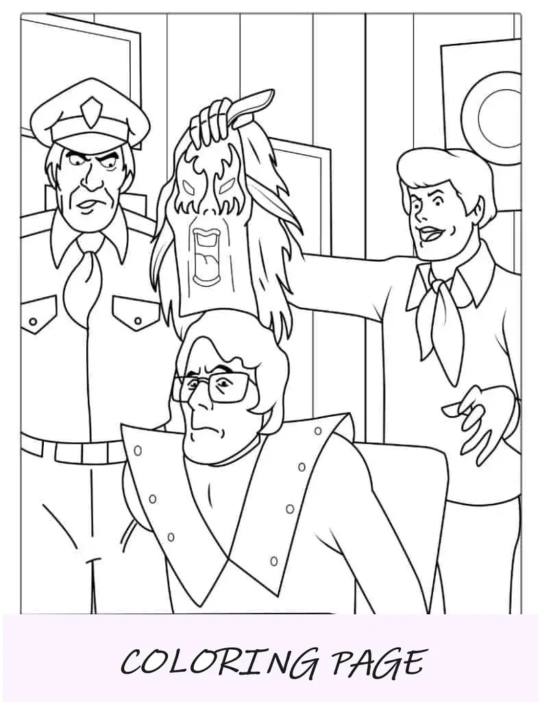 Página para colorir de Halloween de Fred revelando o verdadeiro fantasma do Scooby-Doo
