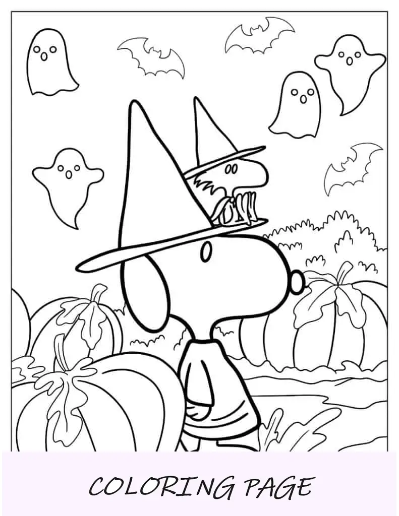 Página para colorir de Halloween do Snoopy sentado com abóboras