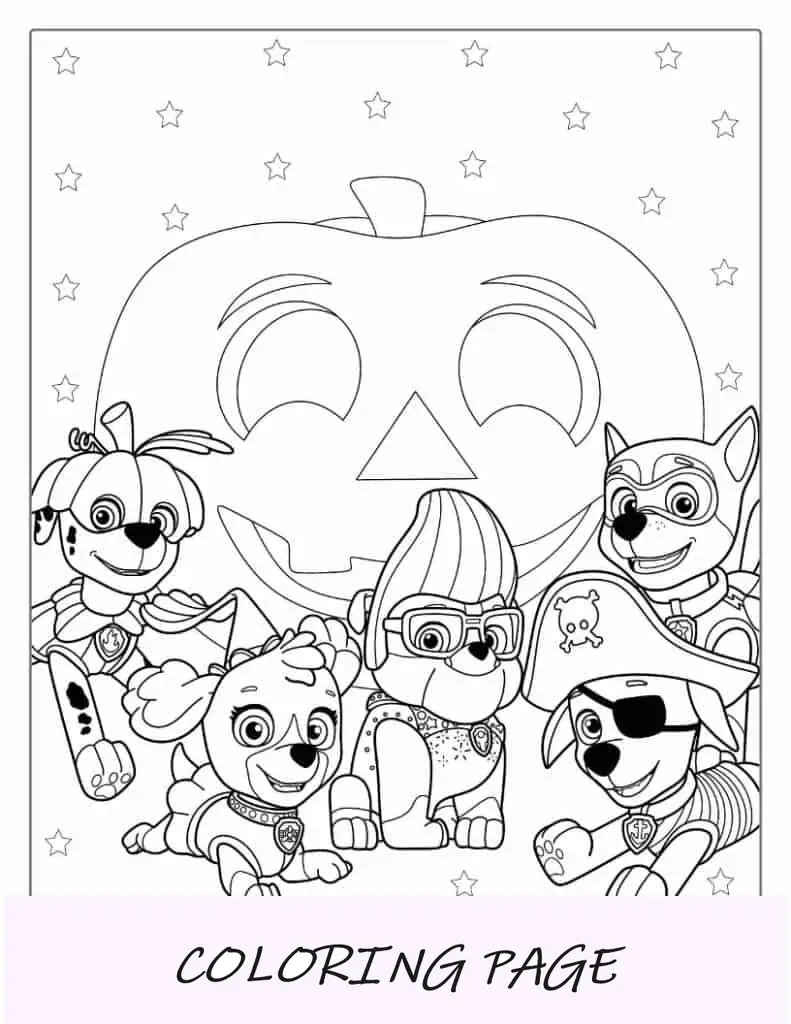 Página para colorir de Halloween da Patrulha Canina em fantasias de Halloween