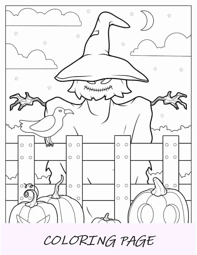 Página para colorir de Halloween de espantalho de bruxa detalhado com corvo e abóboras