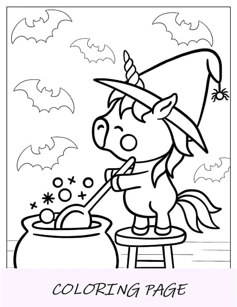 Página para colorir de Halloween do feitiço de lançamento de unicórnio de bruxa fofa