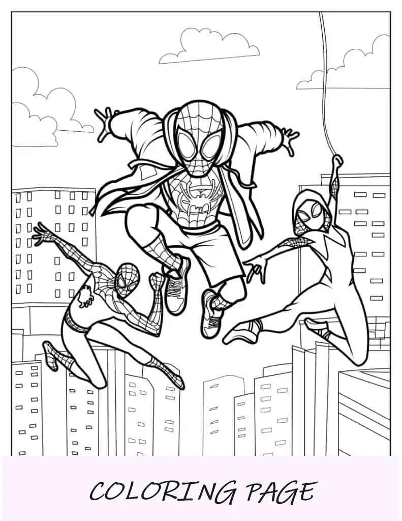 Página para colorir do Homem-Aranha, Miles Morales e Aranha Fantasma