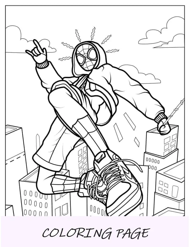 Página detalhada para colorir de Miles Morales no ar