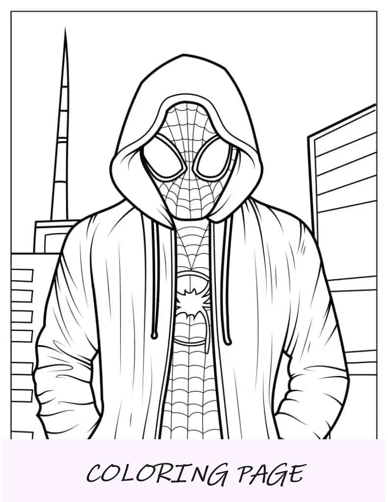 Página para colorir realista de Miles Morales com capuz