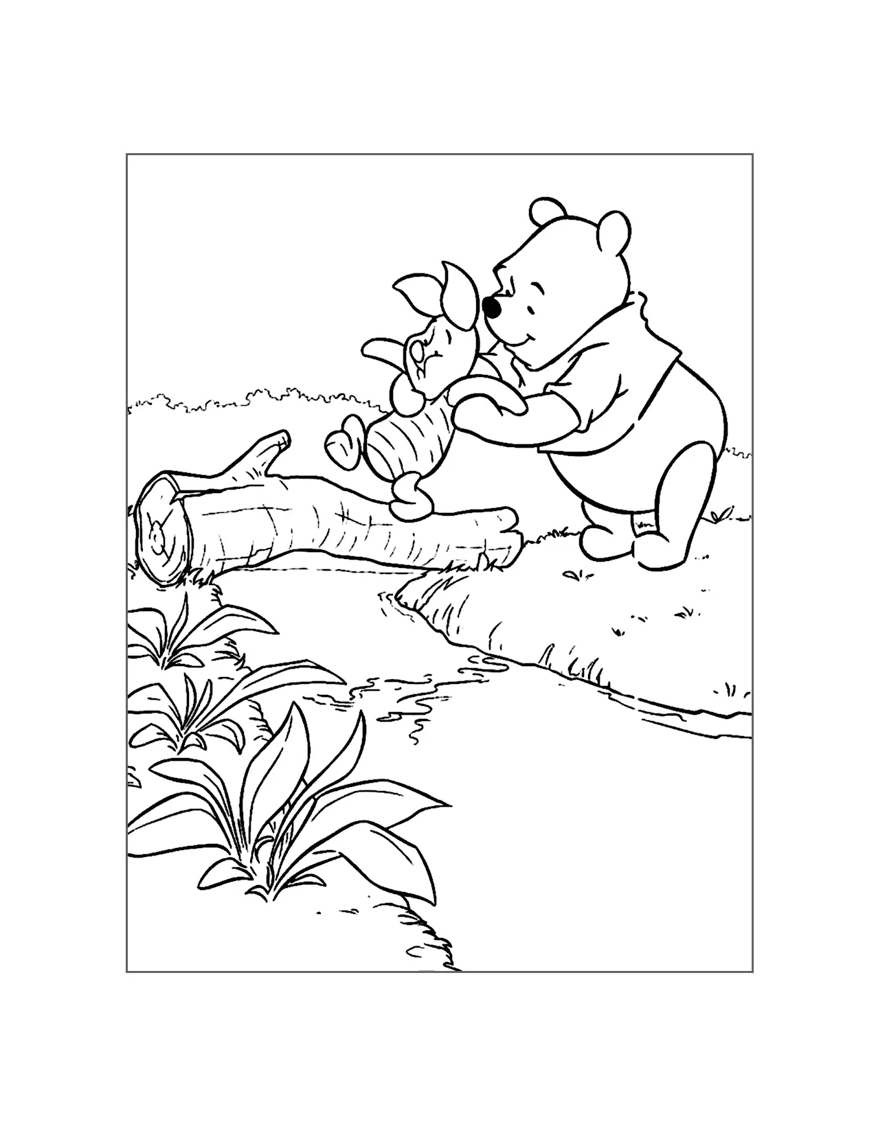 Pooh Helps Piglet Across The Log Coloring Page