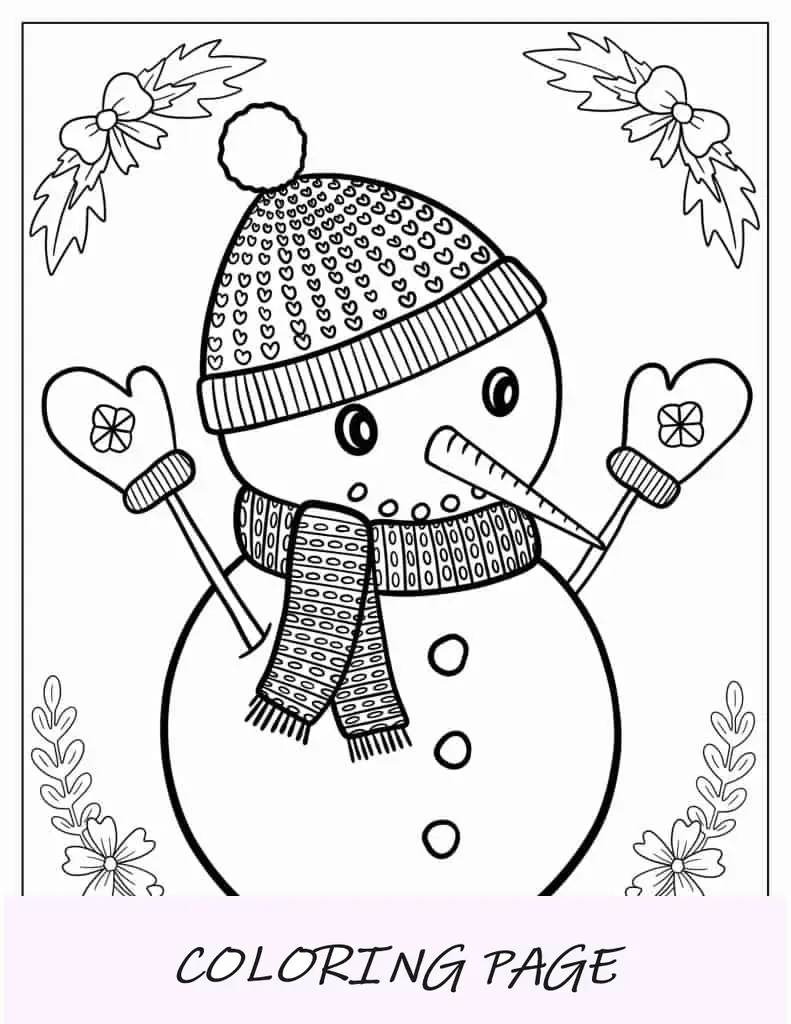 Página para colorir um boneco de neve decorando uma árvore de Natal