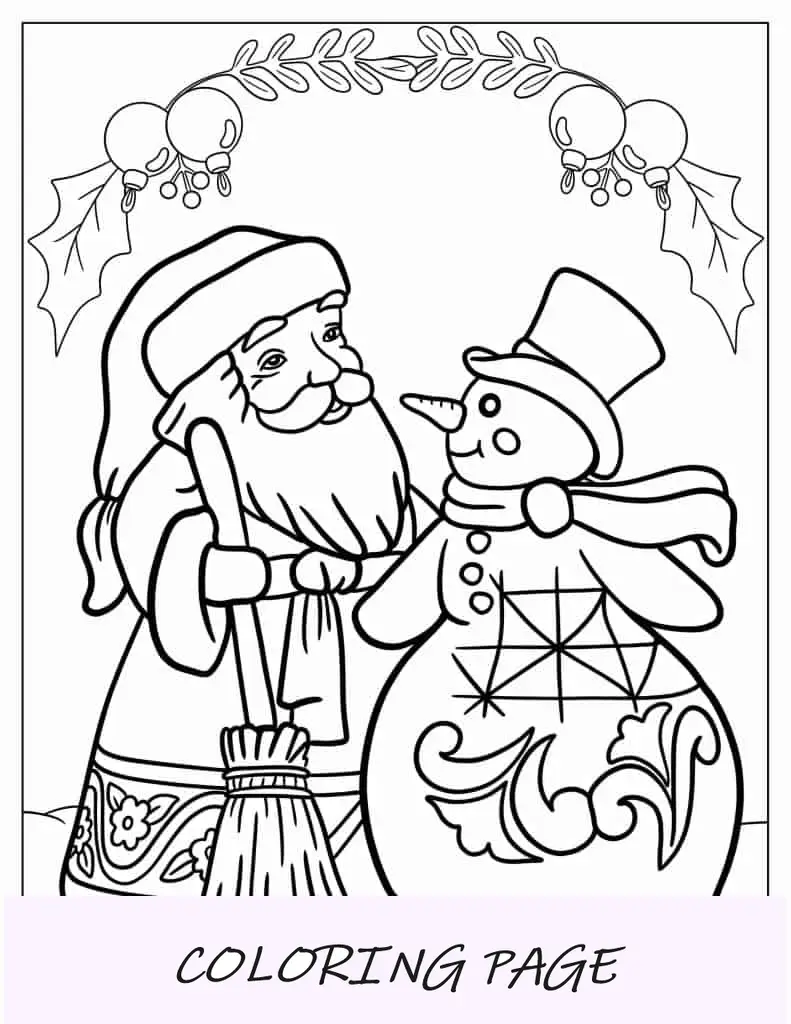 Folha para colorir de um boneco de neve jogando hóquei no gelo