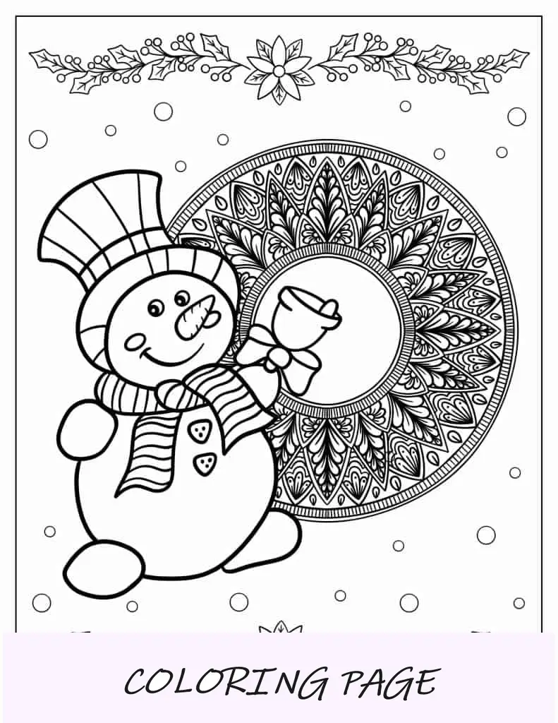 Boneco de neve com escavação e pássaro para colorir