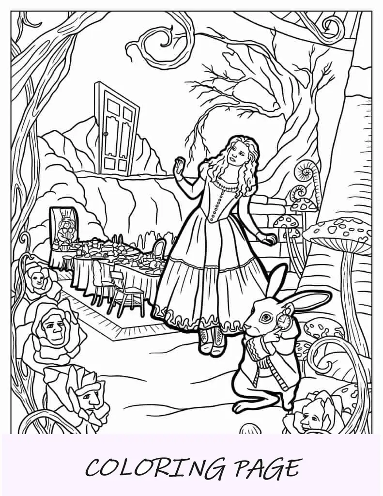 Folha para colorir intrincada de Alice no país das maravilhas
