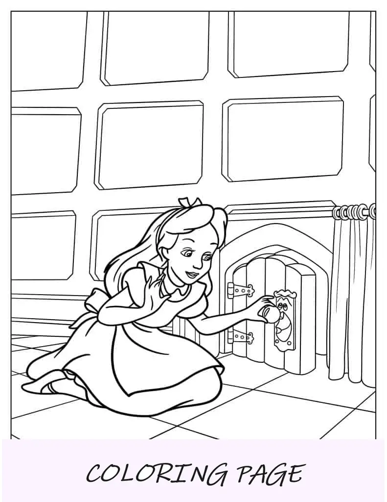 Alice abrindo a porta secreta para colorir