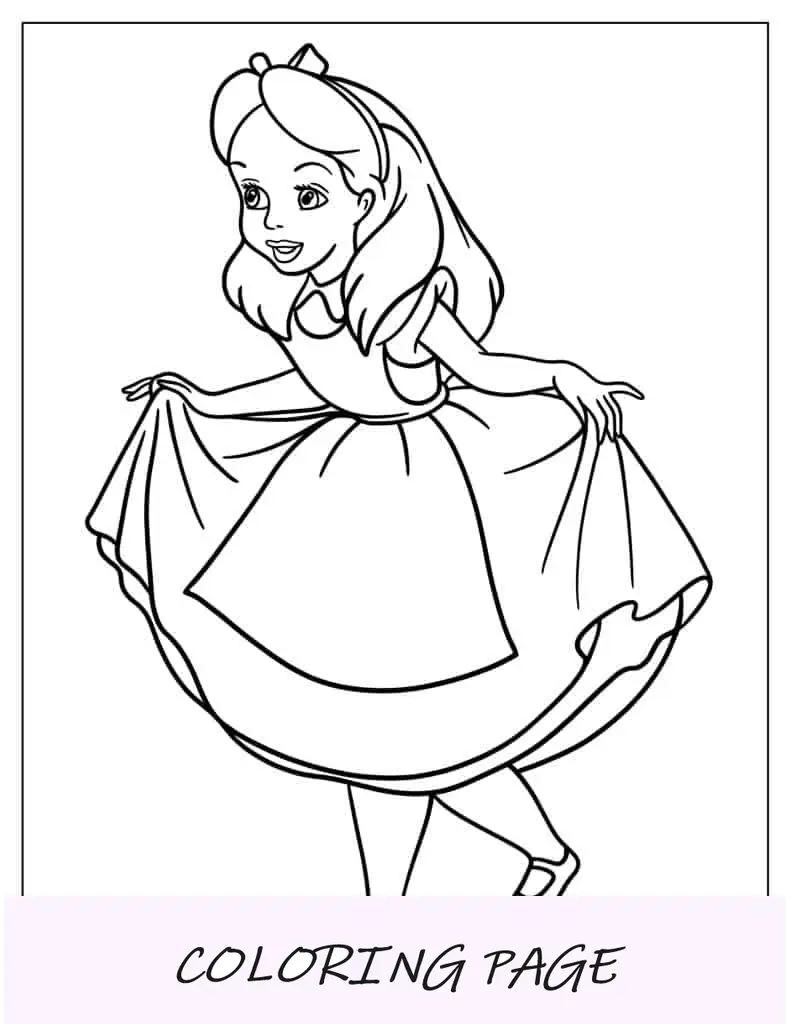 Esboço simples de Alice no país das maravilhas para colorir para crianças
