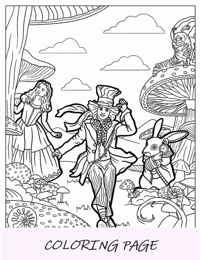Página para colorir de Alice no país das maravilhas de Time Burton
