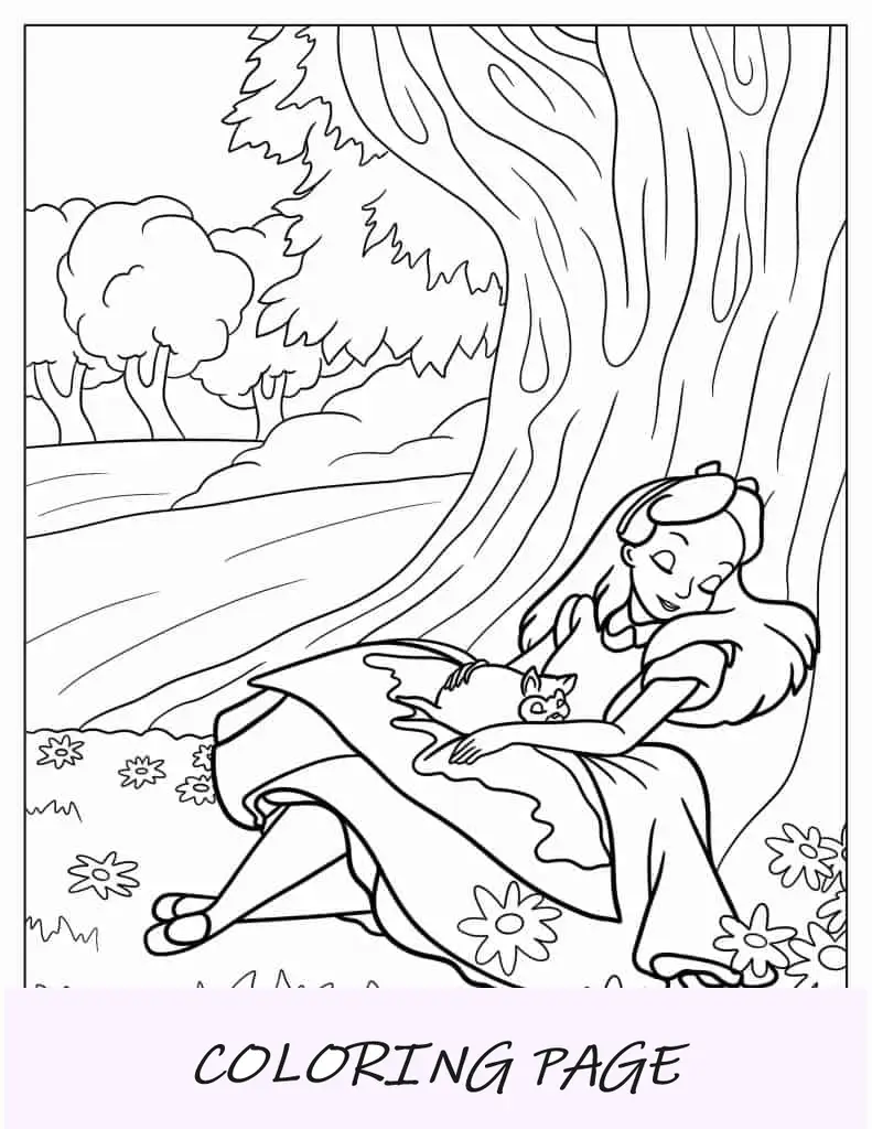 Página para colorir de Alice dormindo debaixo da árvore