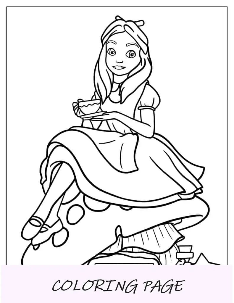 Página para colorir de Alice sentada sobre um cogumelo tomando chá